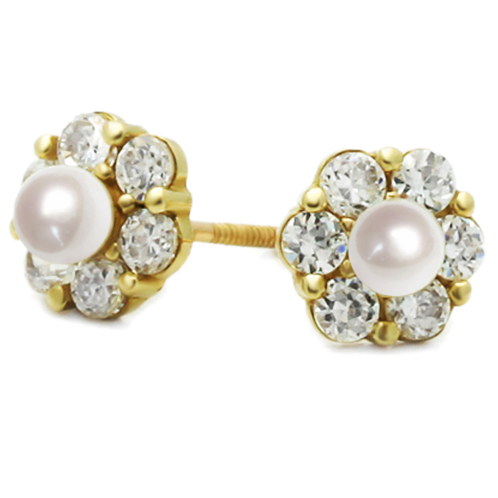 Women 14K Yellow Gold 3mm Simulated Pearl Cluster Flower Screwback Stud