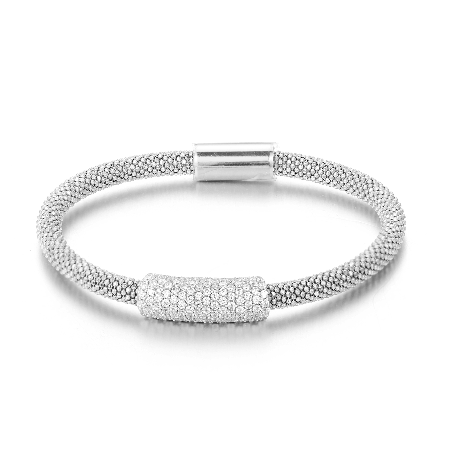 Fine 4.5mm White Rhodium Plated Silver CZ Magnet Bangle Bracelet made in italy