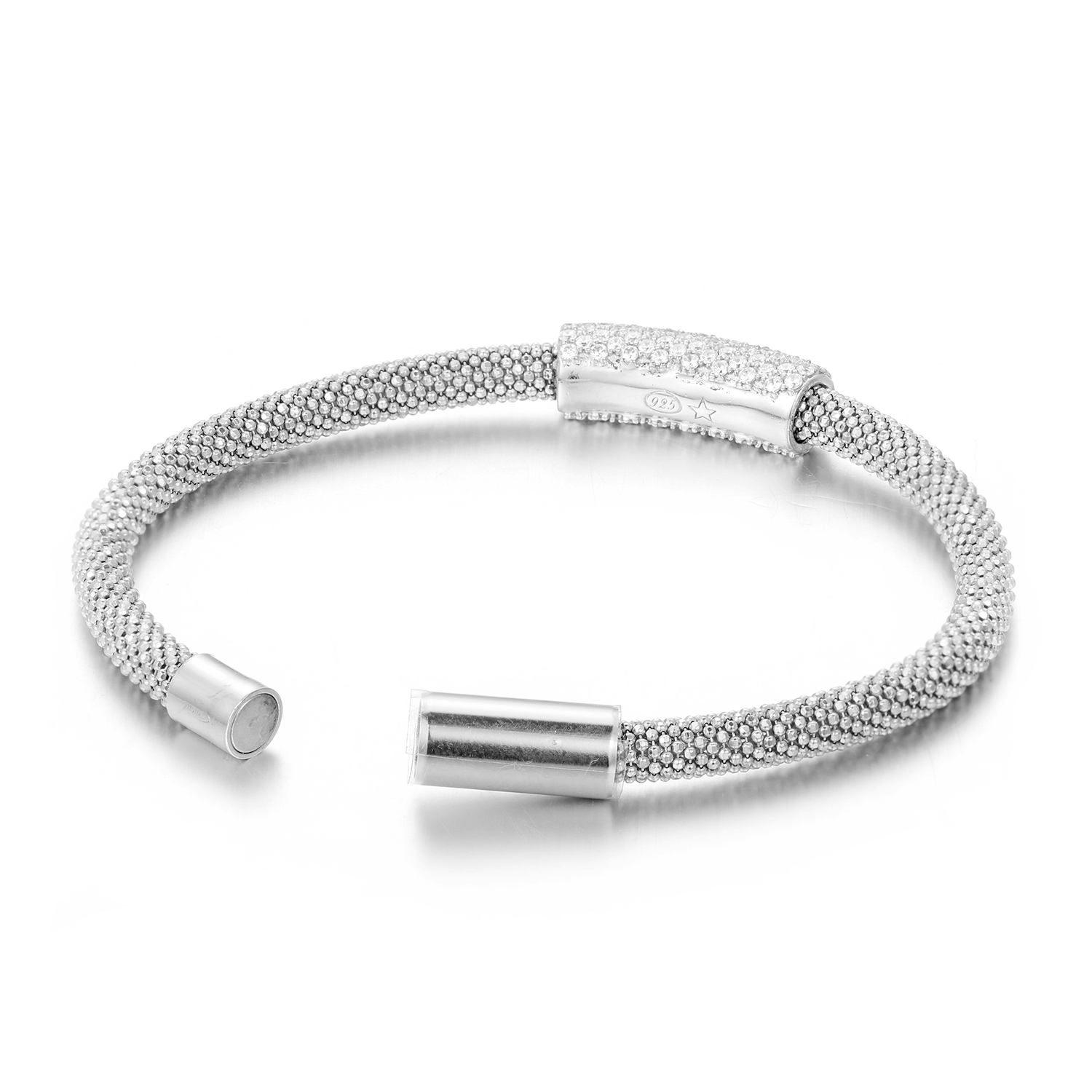Fine 4.5mm White Rhodium Plated Silver CZ Magnet Bangle Bracelet made in italy
