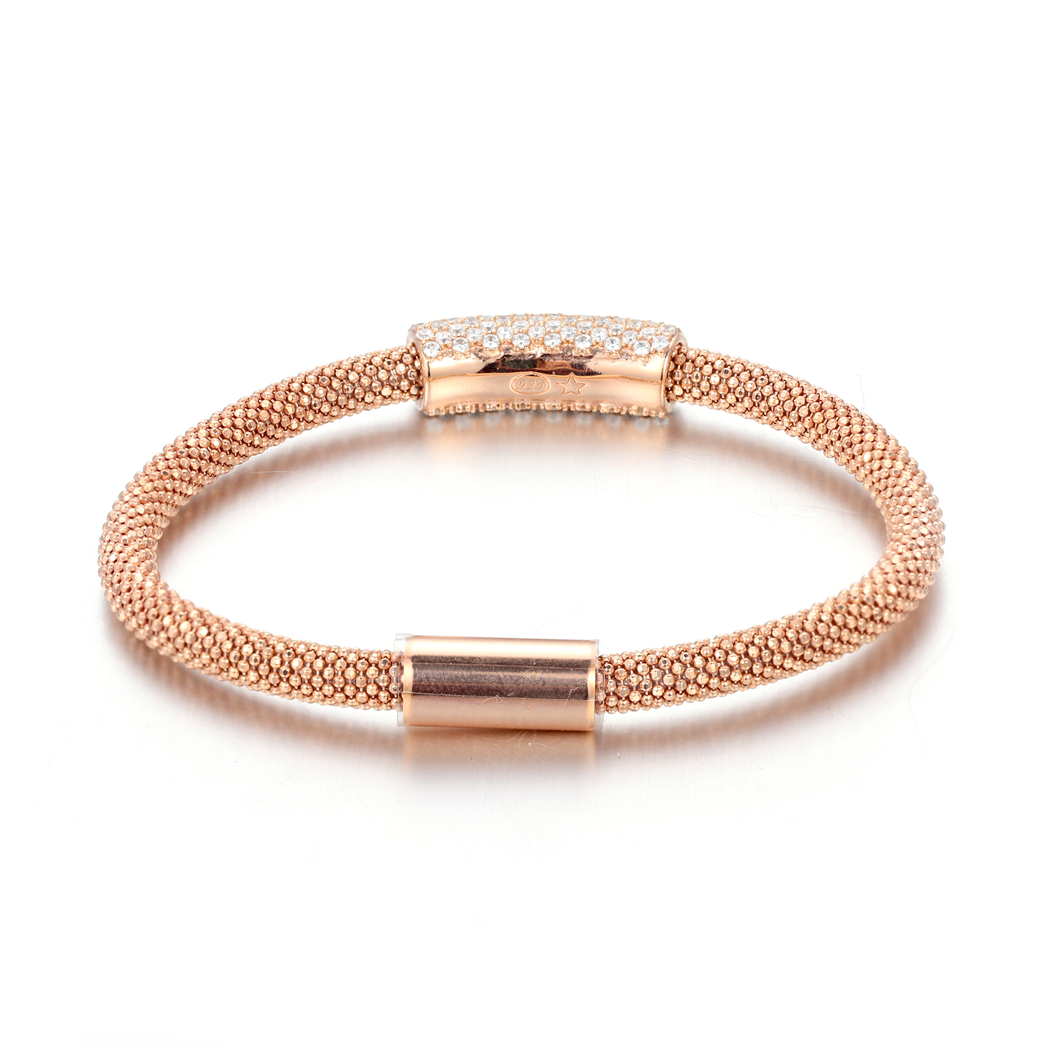 4.5mm 14K Rose Gold Plated Silver CZ Mesh Bangle Bracelet made