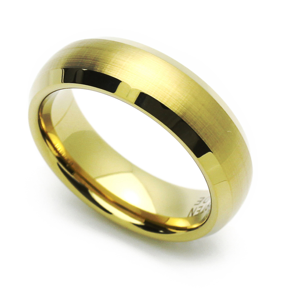 6MM Comfort Fit Tungsten Carbide Wedding Band Gold Tone Dome Beveled Edge Ring