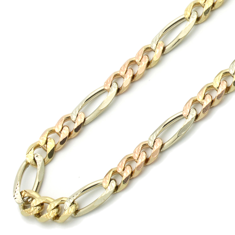 Men Women 14K Tri-color Gold Chain 5mm Concaved Pave Figaro Chain ...