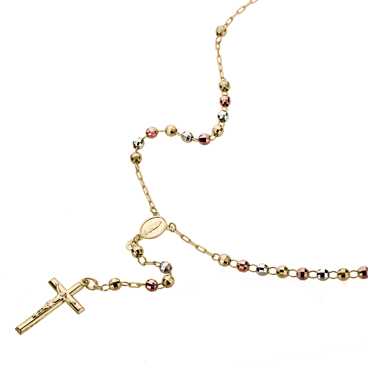 Women 14K Tri-color Gold Rosary Necklace 5mm DC Bead Rosary Chain ...