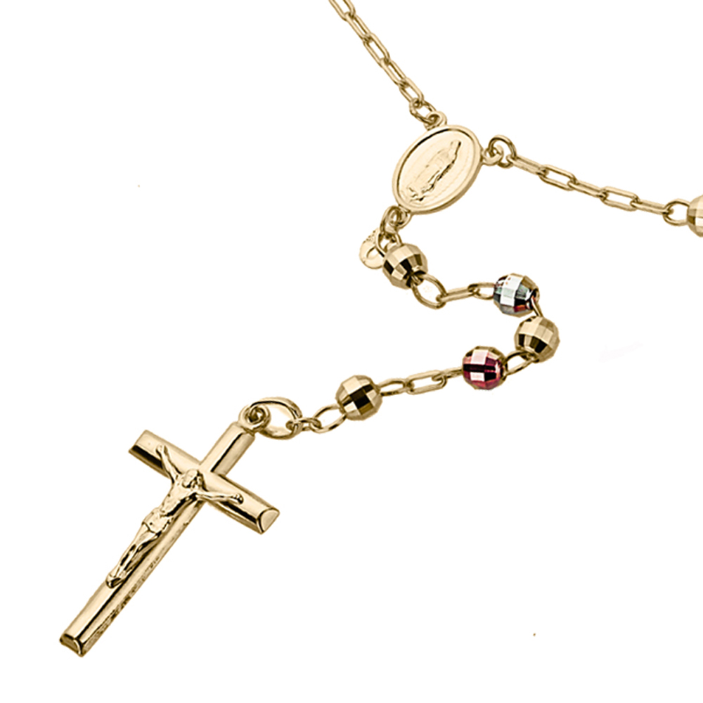 Women 14K Tri-color Gold Rosary Necklace 5mm DC Bead Rosary Chain