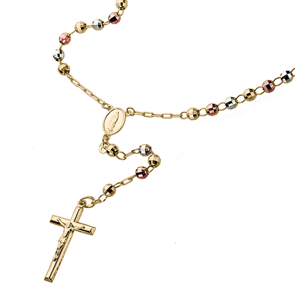 Women 14K Tricolor Gold Rosary Necklace 5mm DC Bead Rosary Chain