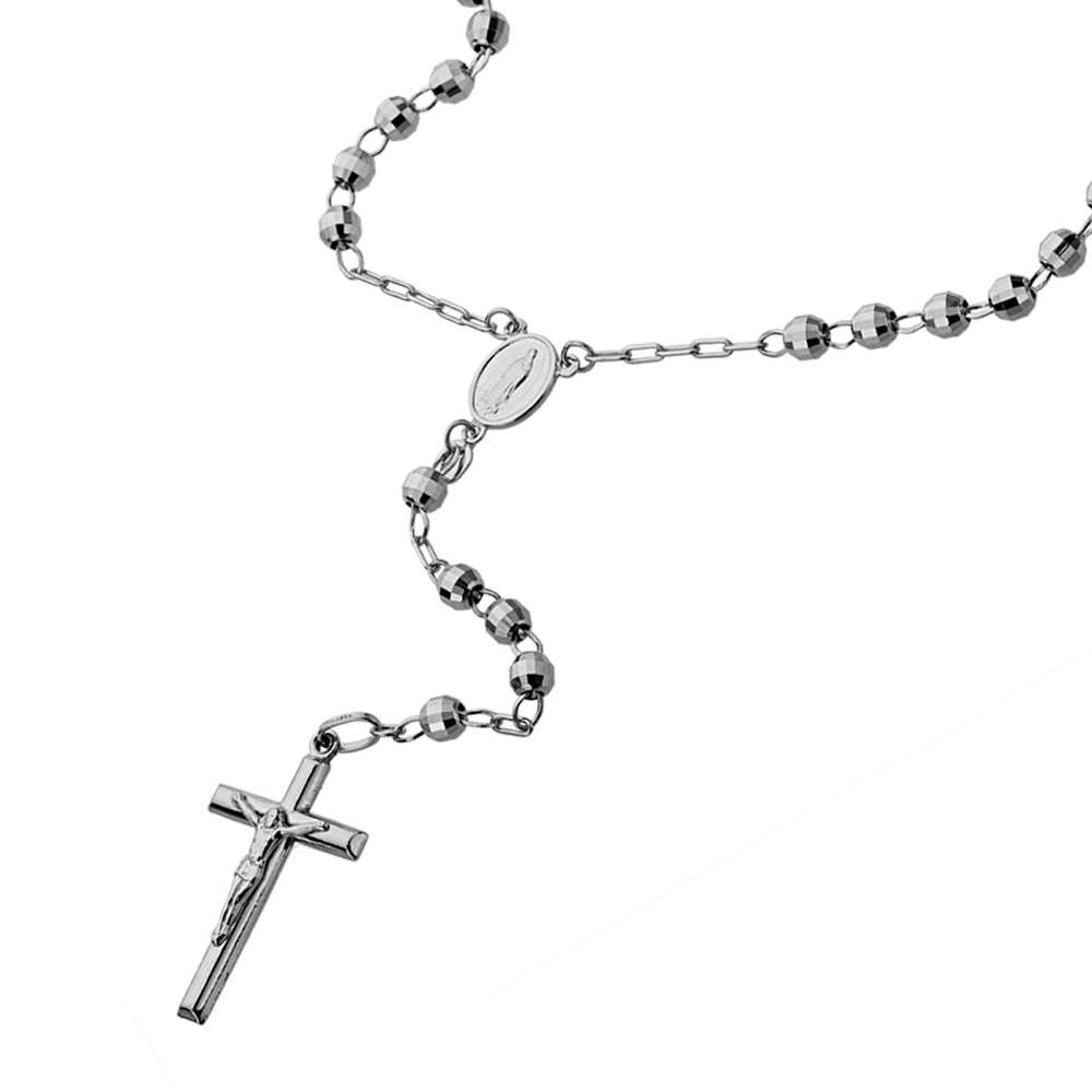 Women 14K White Gold Rosary Necklace 4mm DC Bead Rosary Chain Necklace
