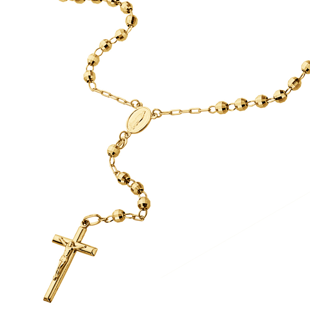 Women 14K Yellow Gold Rosary Necklace 5mm DC Bead Rosary Chain Necklace ...