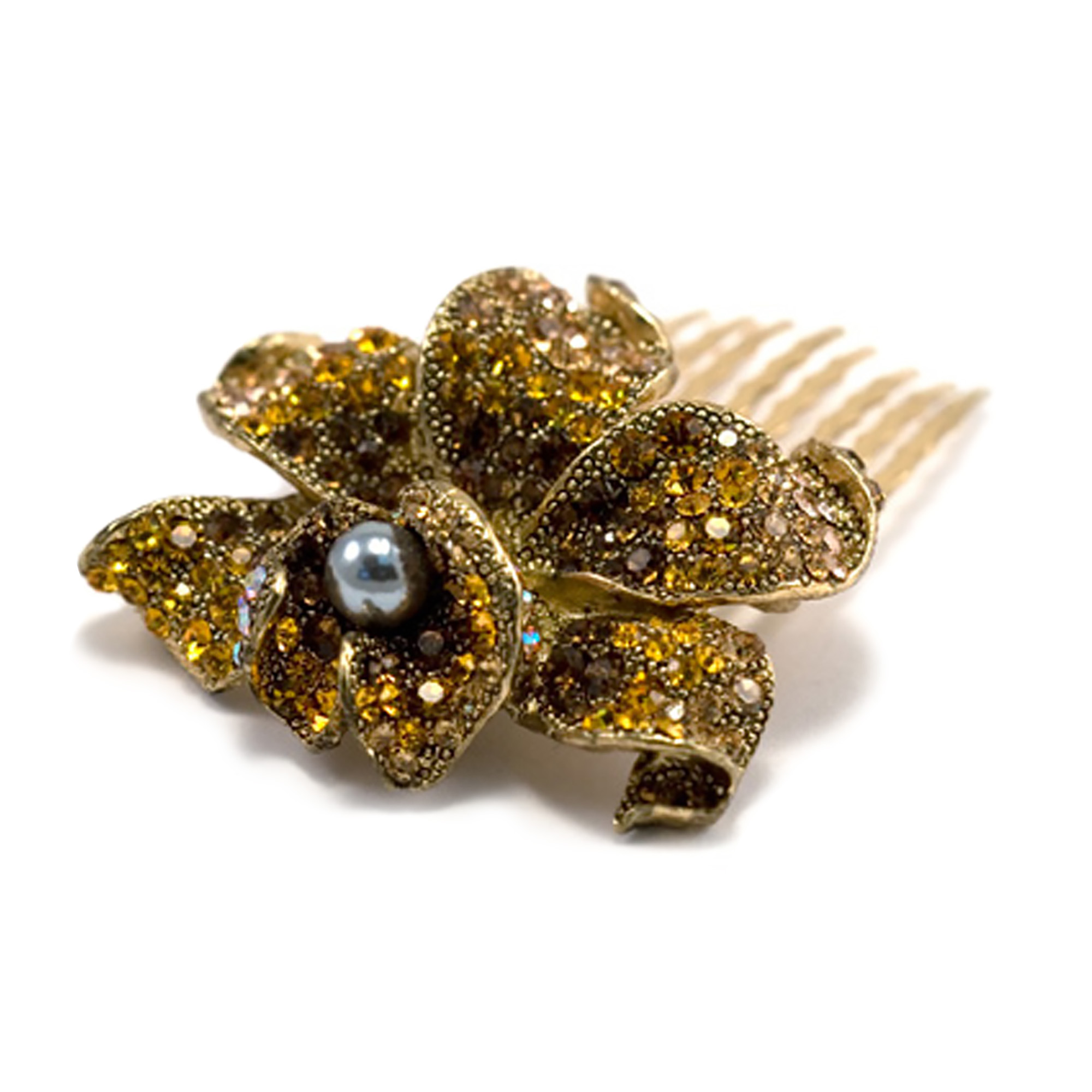 Hand Made Hair Jewelry Elaborate swarovski crystal Flower Bridal Comb Brown