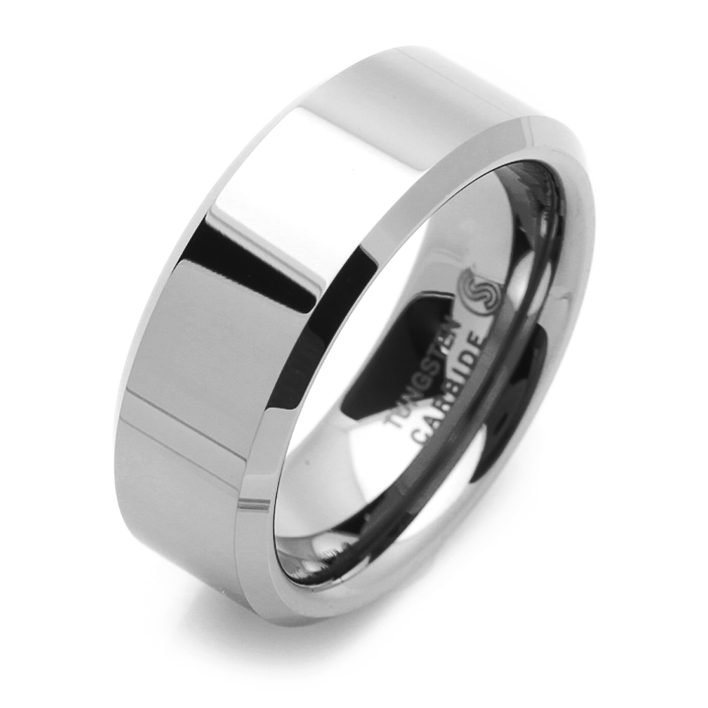 8MM Comfort Fit Tungsten Carbide Wedding Band Beveled Edges Classic Flat Ring