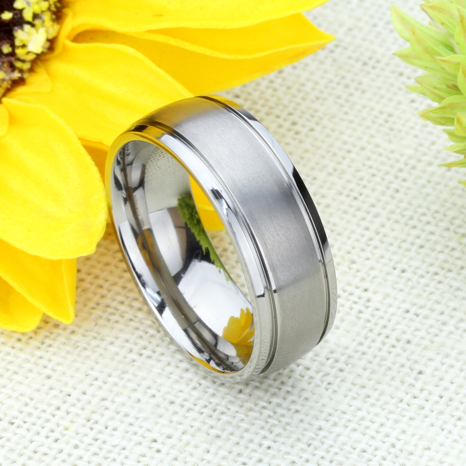 Men Women 8MM Comfort Fit Titanium Wedding Band Beveled Edges Grooved Dome Ring