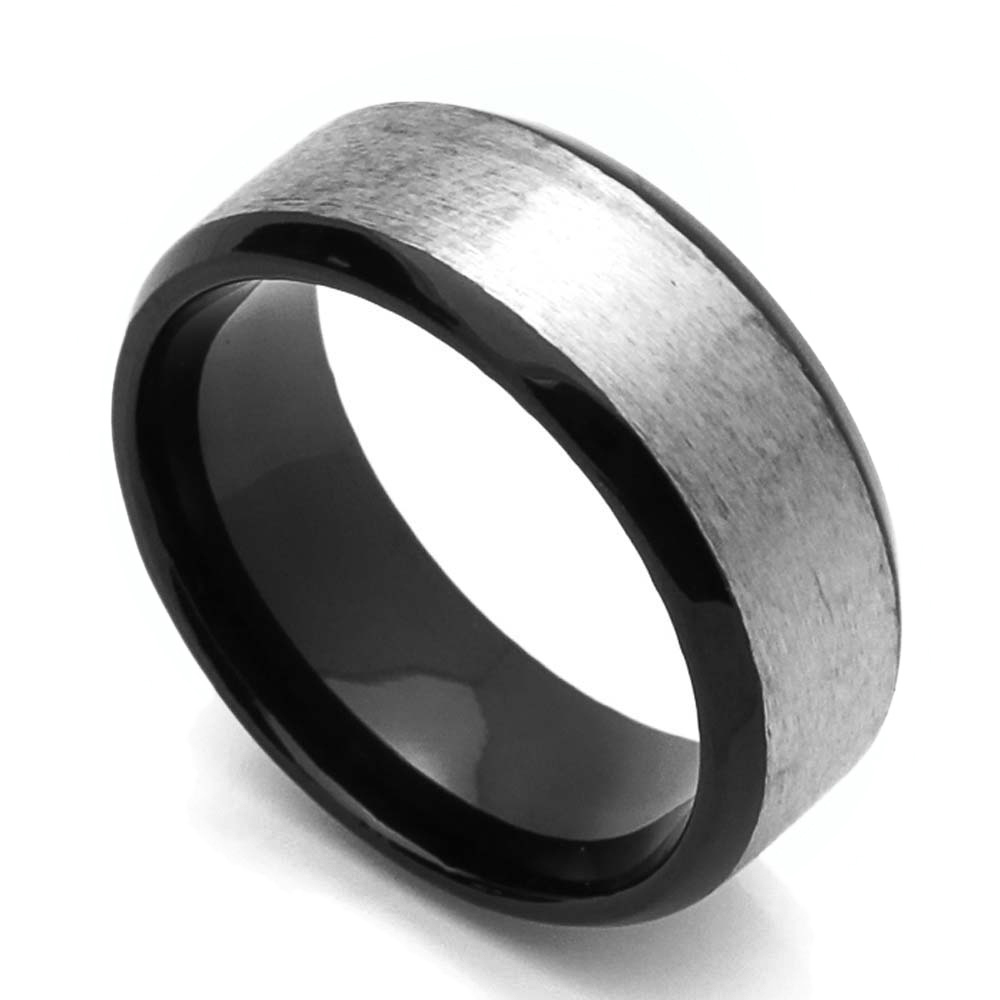Men Women 8MM Comfort Fit Titanium Wedding Band Beveled Edges Black Ring