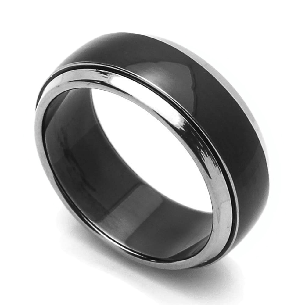Mens 8mm Titanium Ring Beveled Edges Domed Black Color Band Gift box
