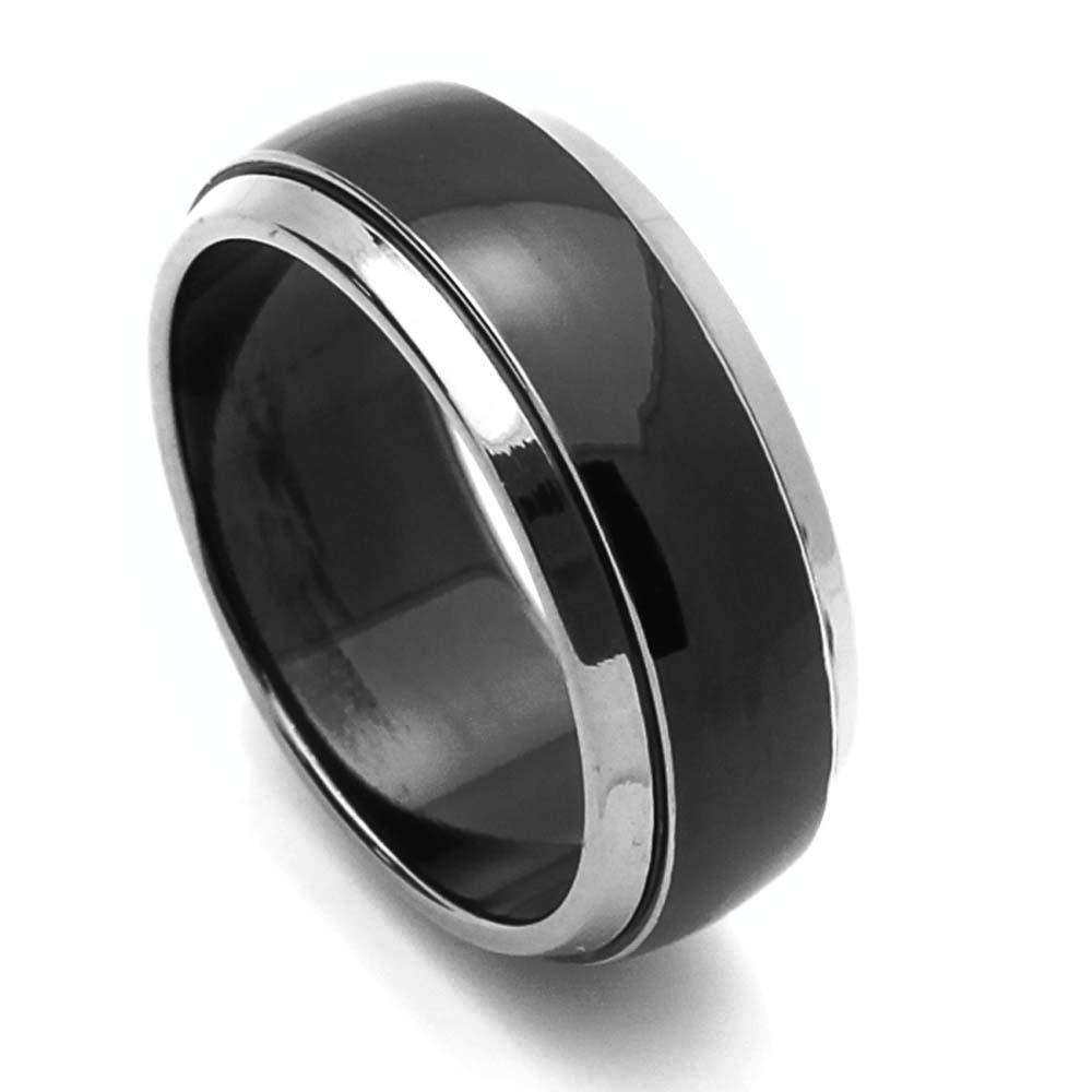 Mens 8mm Titanium Ring Beveled Edges Domed Black Color Band Gift box