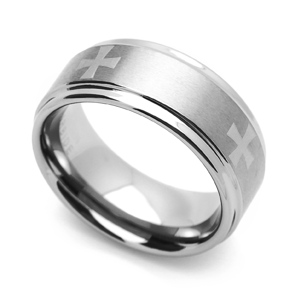 Men 9MM Comfort Fit Tungsten Carbide Wedding Band Maltes Cross Engraved Ring