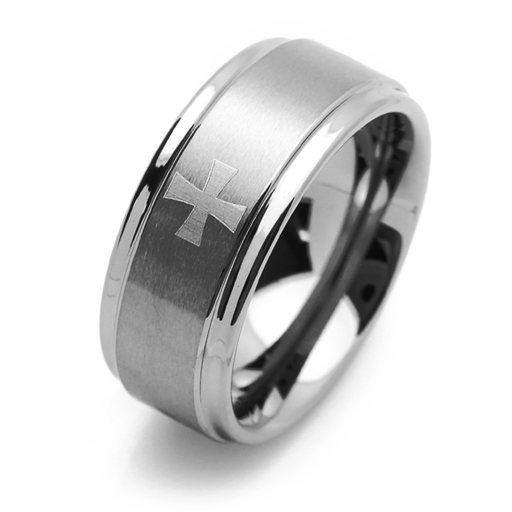 Men 9MM Comfort Fit Tungsten Carbide Wedding Band Maltes Cross Engraved Ring