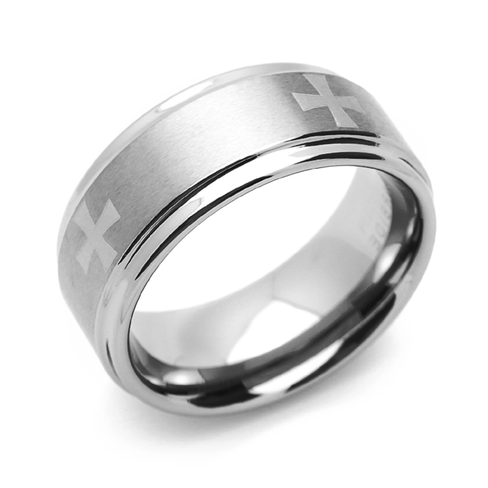 Men 9MM Comfort Fit Tungsten Carbide Wedding Band Maltes Cross Engraved Ring