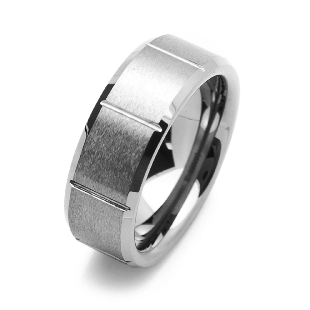 8MM Comfort Fit Tungsten Carbide Wedding Band Grooved Beveled Edges Ring