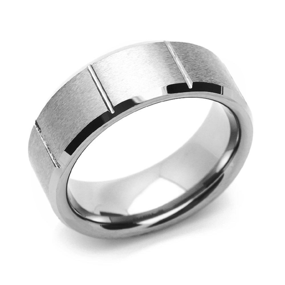 8MM Comfort Fit Tungsten Carbide Wedding Band Grooved Beveled Edges Ring