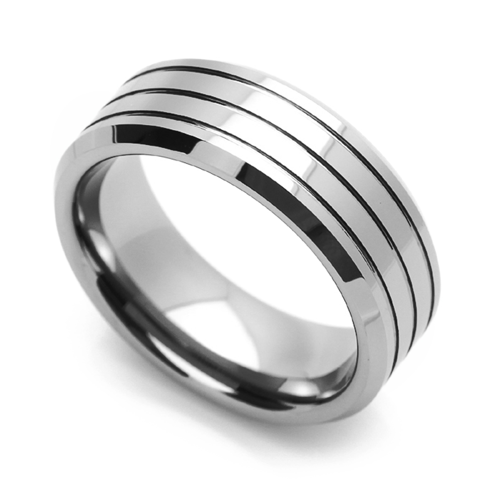 8MM Comfort Fit Tungsten Carbide Wedding Band Grooved Center Beveled Edges Ring