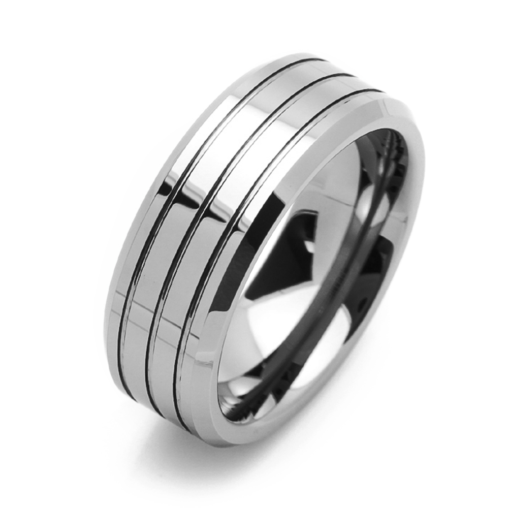 8MM Comfort Fit Tungsten Carbide Wedding Band Grooved Center Beveled Edges Ring