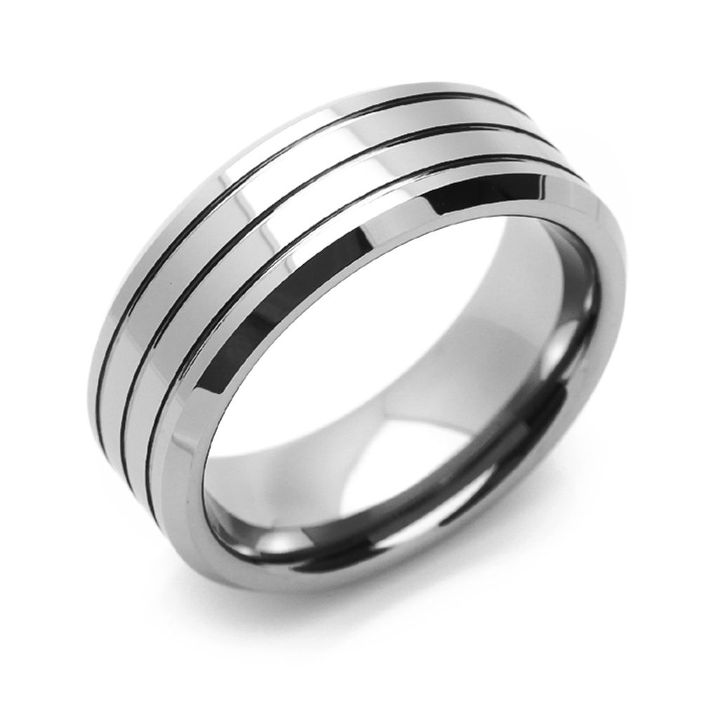 8MM Comfort Fit Tungsten Carbide Wedding Band Grooved Center Beveled Edges Ring
