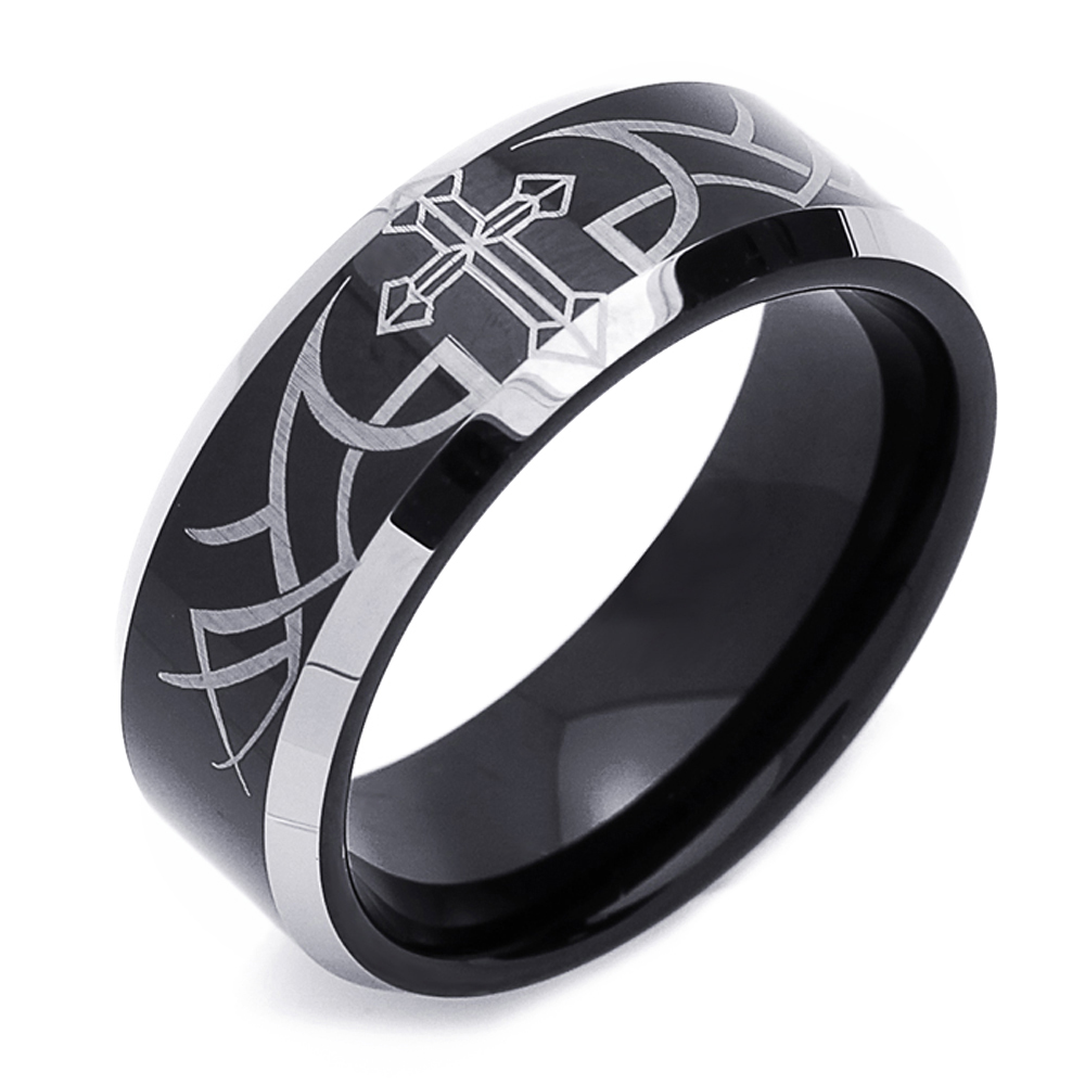 Men 9MM Comfort Fit Tungsten Carbide Wedding Band Cross Black Beveled Edges Ring