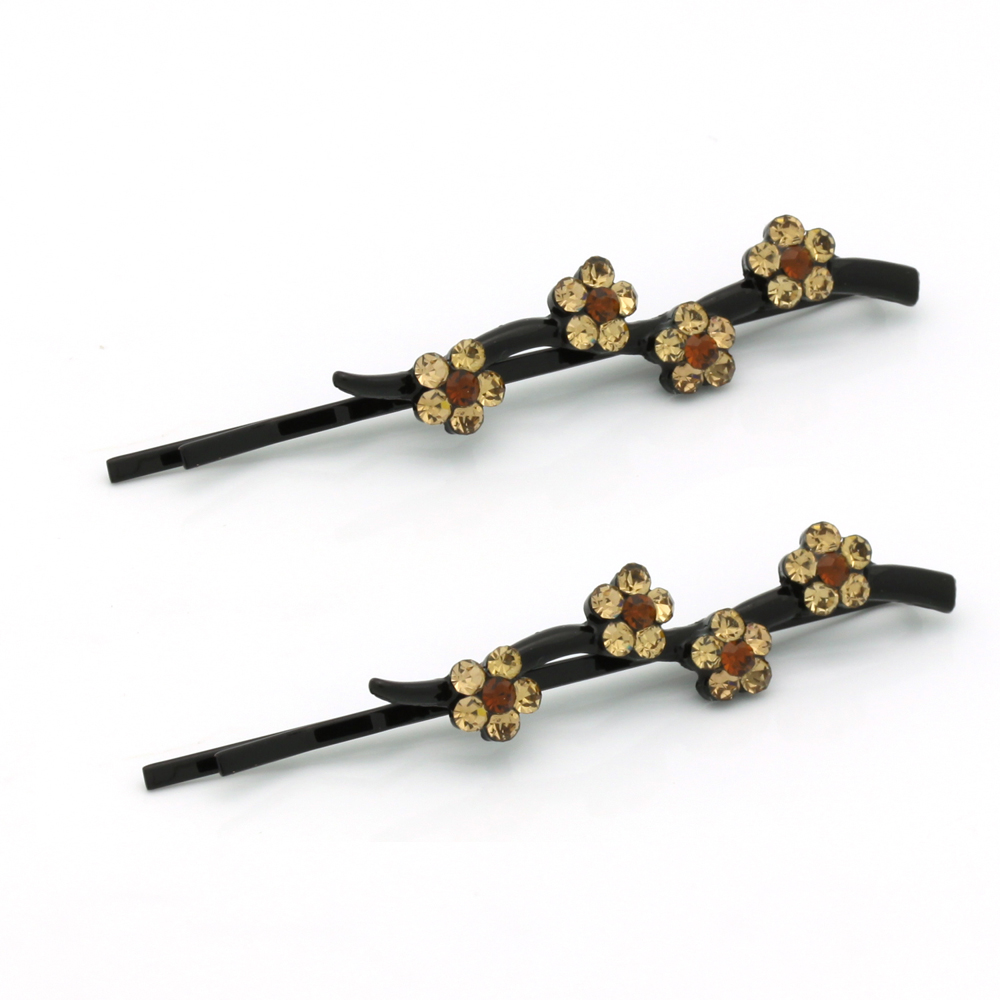 Hand Made Hair Jewelry Daisy Covered Bobby Pins swarovski crystal Set of 2 Brown
