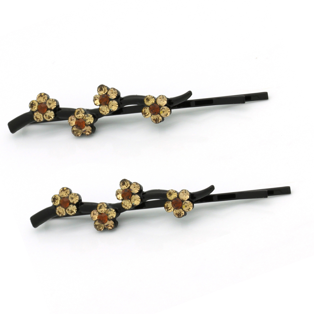 Hand Made Hair Jewelry Daisy Covered Bobby Pins swarovski crystal Set of 2 Brown