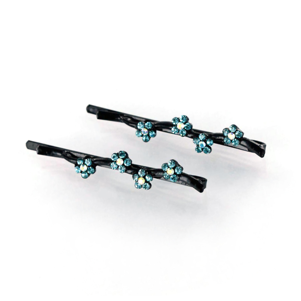 Hand Made Hair Jewelry Daisy Covered Bobby Pins swarovski crystal Set of 2 Aqua