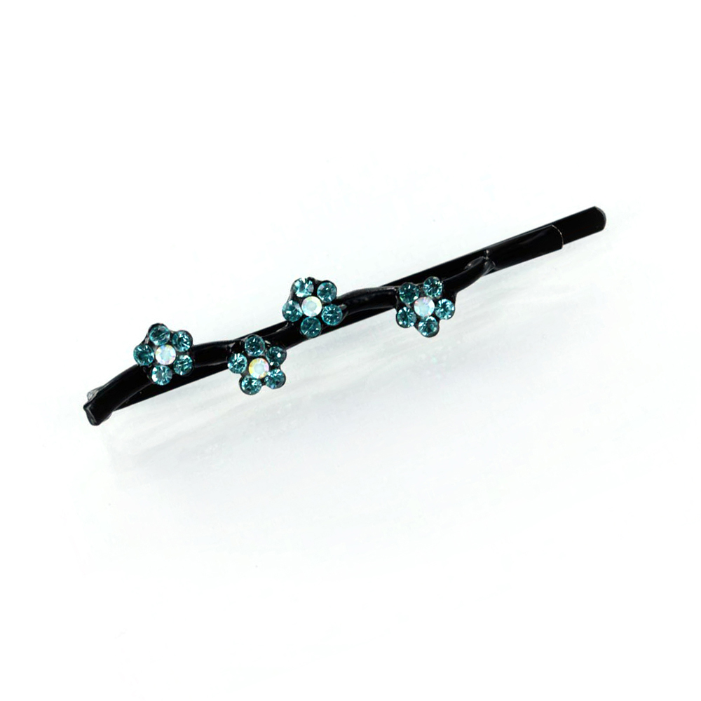 Hand Made Hair Jewelry Daisy Covered Bobby Pins swarovski crystal Set of 2 Aqua