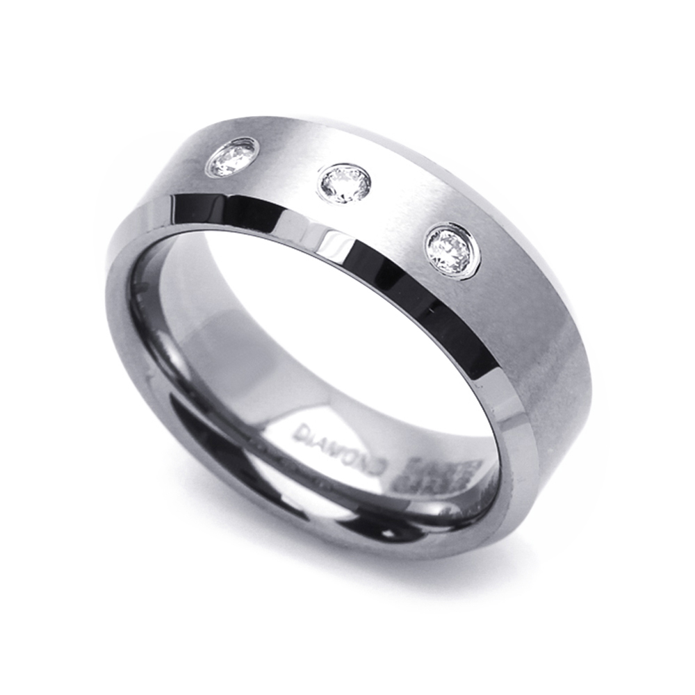 Men 8MM Tungsten Carbide Wedding Band 0.22ct 3 Diamond Beveled Edges Ring