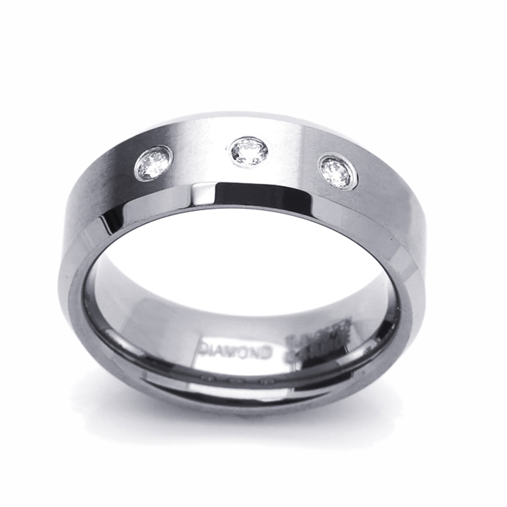 Men 8MM Tungsten Carbide Wedding Band 0.22ct 3 Diamond Beveled Edges Ring