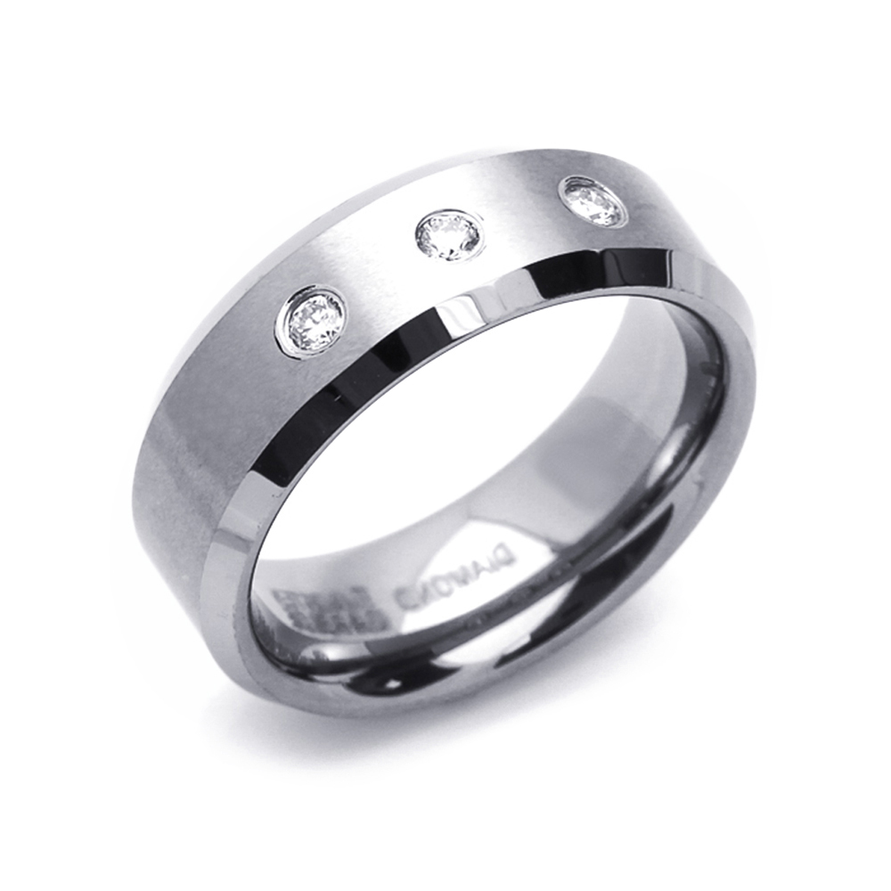 Men 8MM Tungsten Carbide Wedding Band 0.22ct 3 Diamond Beveled Edges Ring
