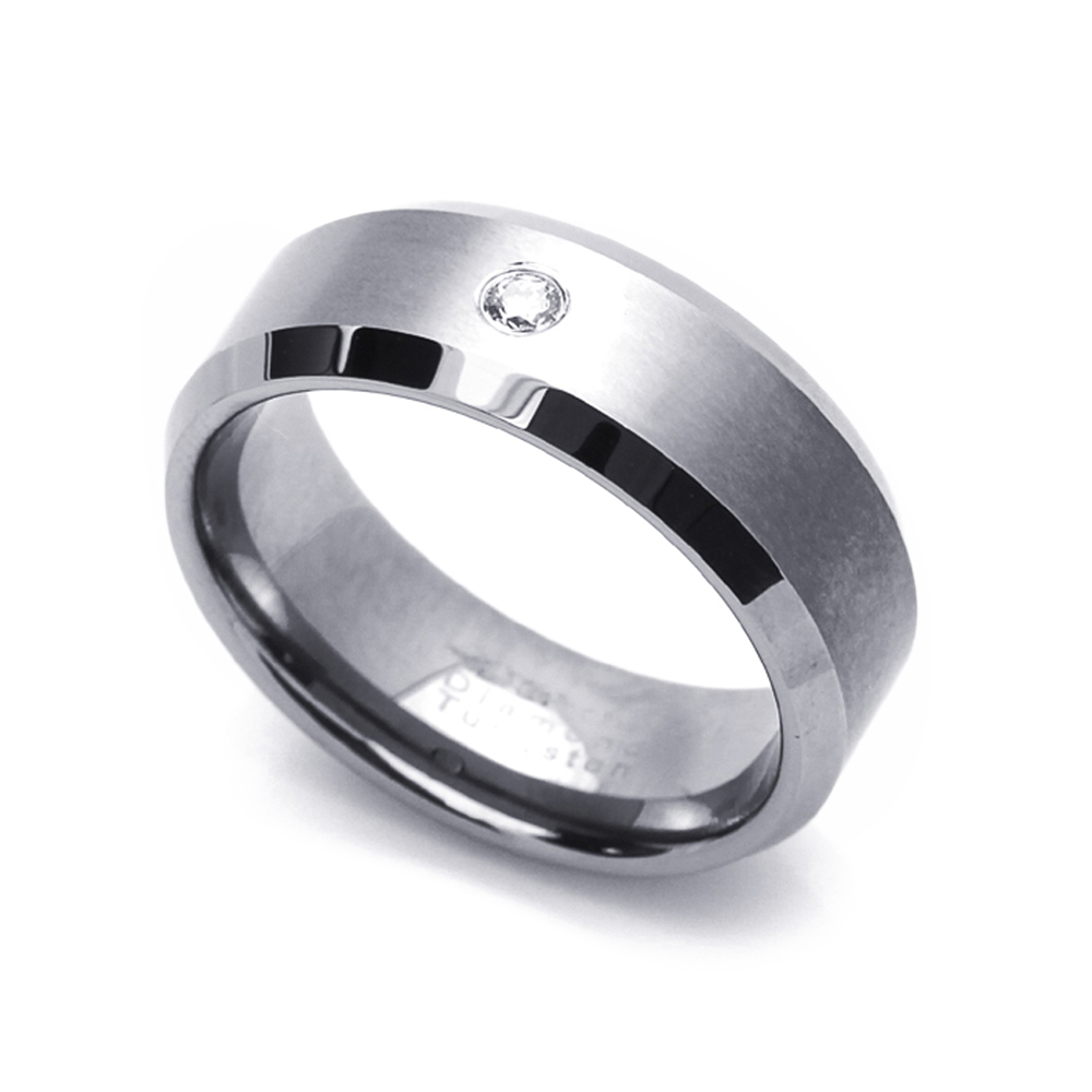 Men Women 8MM Tungsten Carbide Wedding Band 0.07ct Diamond Beveled Edges Ring