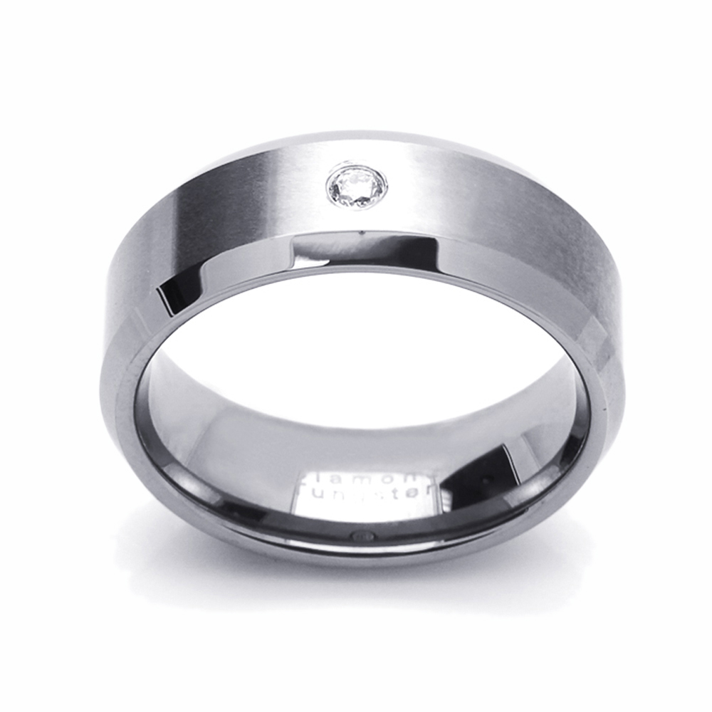 Men Women 8MM Tungsten Carbide Wedding Band 0.07ct Diamond Beveled Edges Ring