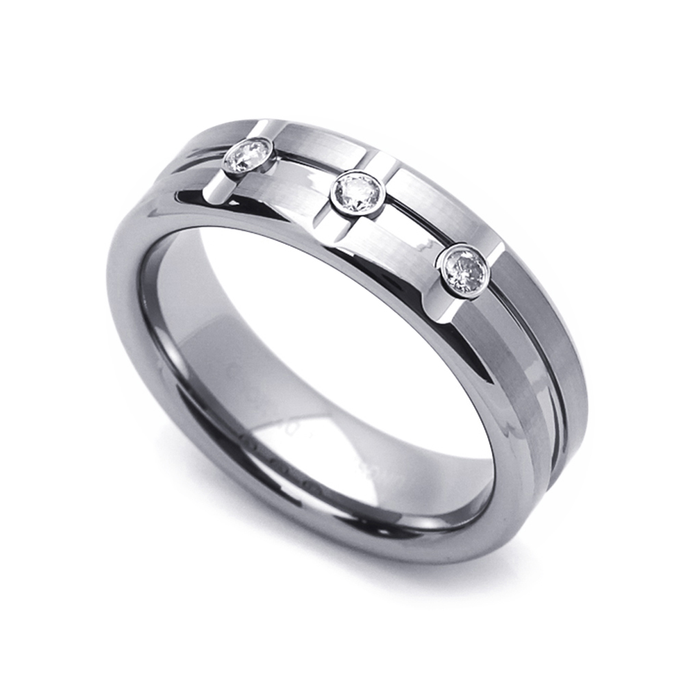 Men 6MM Tungsten Carbide Wedding Band 0.11ct 3 Diamond Satin Grooves Ring