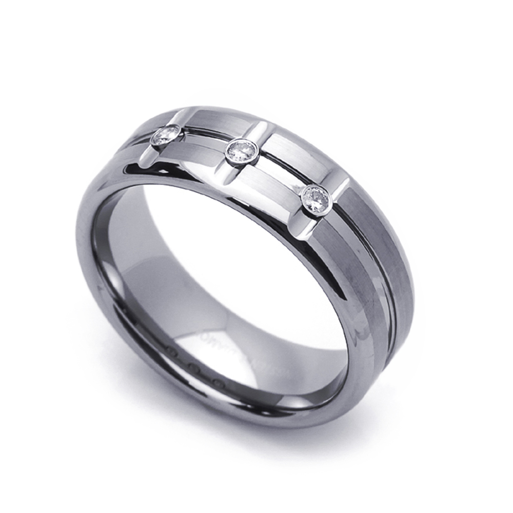 Men Women 8MM Tungsten Carbide Wedding Band 0.11ct 3 Diamond Satin Grooves Ring