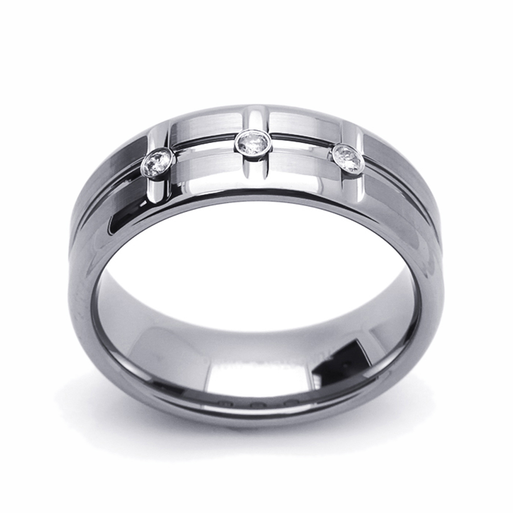 Men Women 8MM Tungsten Carbide Wedding Band 0.11ct 3 Diamond Satin Grooves Ring