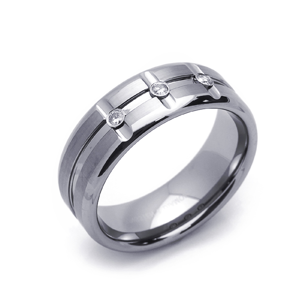 Men Women 8MM Tungsten Carbide Wedding Band 0.11ct 3 Diamond Satin Grooves Ring