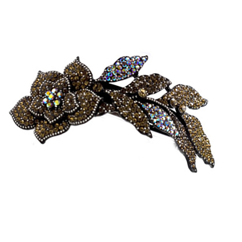 Hair Jewelry Large Crystal Long Stem Rose Barrette, Light Brown / Free Gift Box