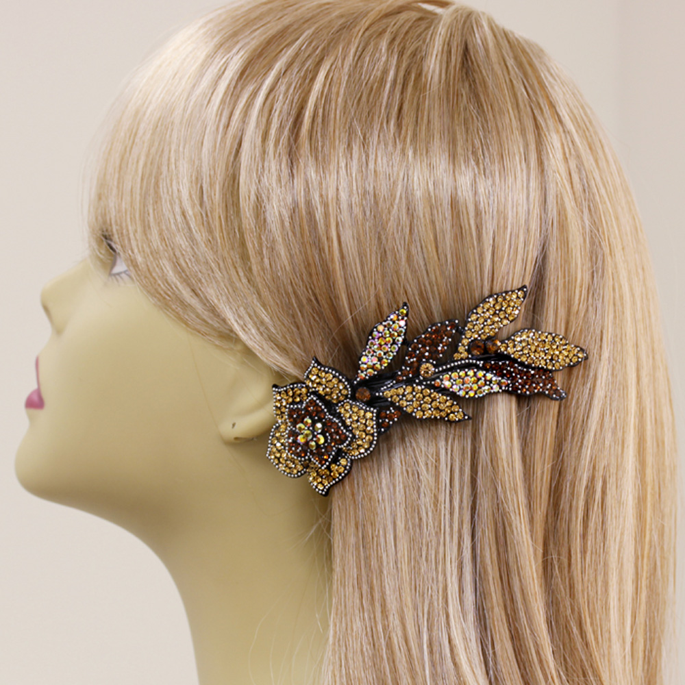 Hair Jewelry Large Crystal Long Stem Rose Barrette, Light Brown / Free Gift Box