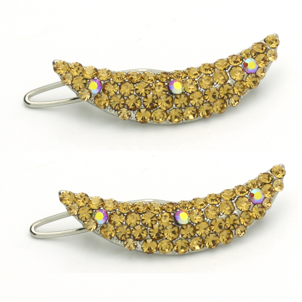Hair Jewelry Small Curved Crystal Barrette Set Of Two, Light Brown