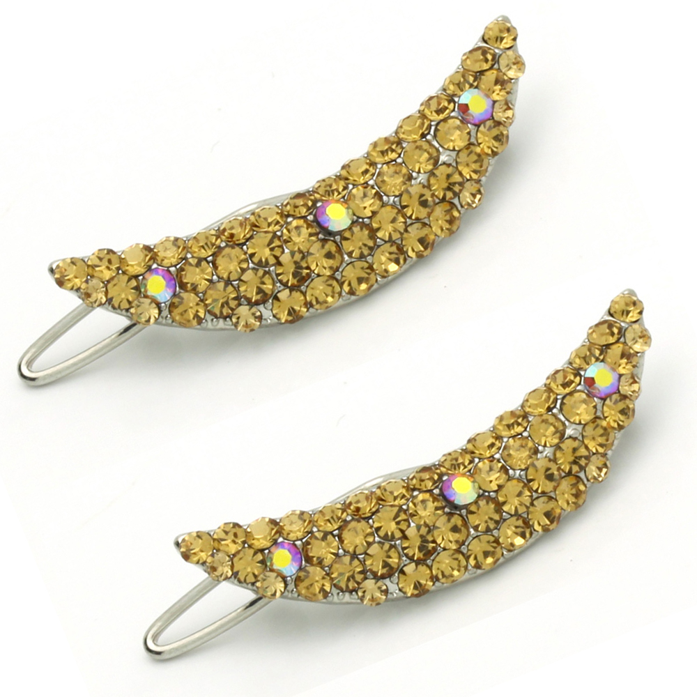 Hair Jewelry Small Curved Crystal Barrette Set Of Two, Light Brown