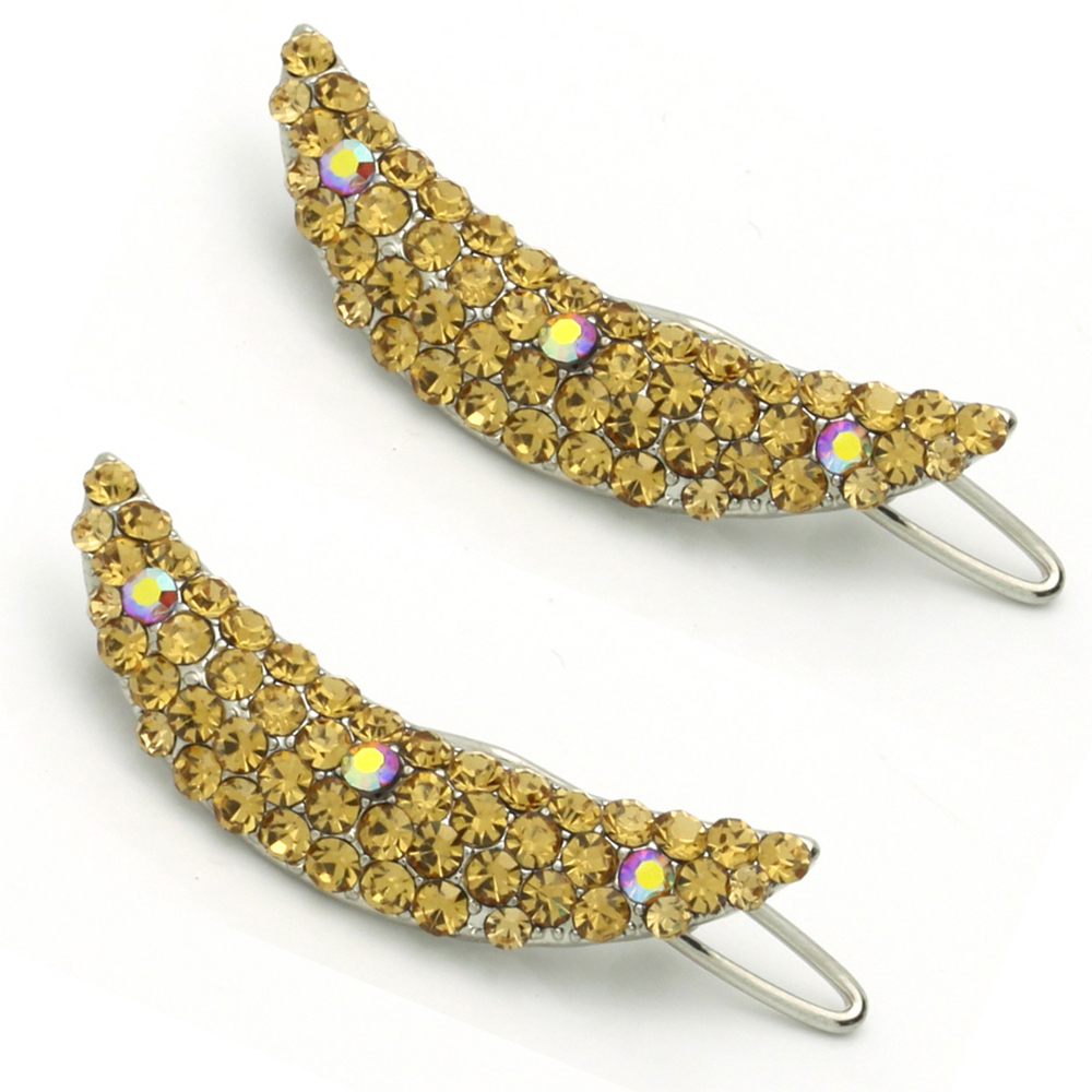 Hair Jewelry Small Curved Crystal Barrette Set Of Two, Light Brown