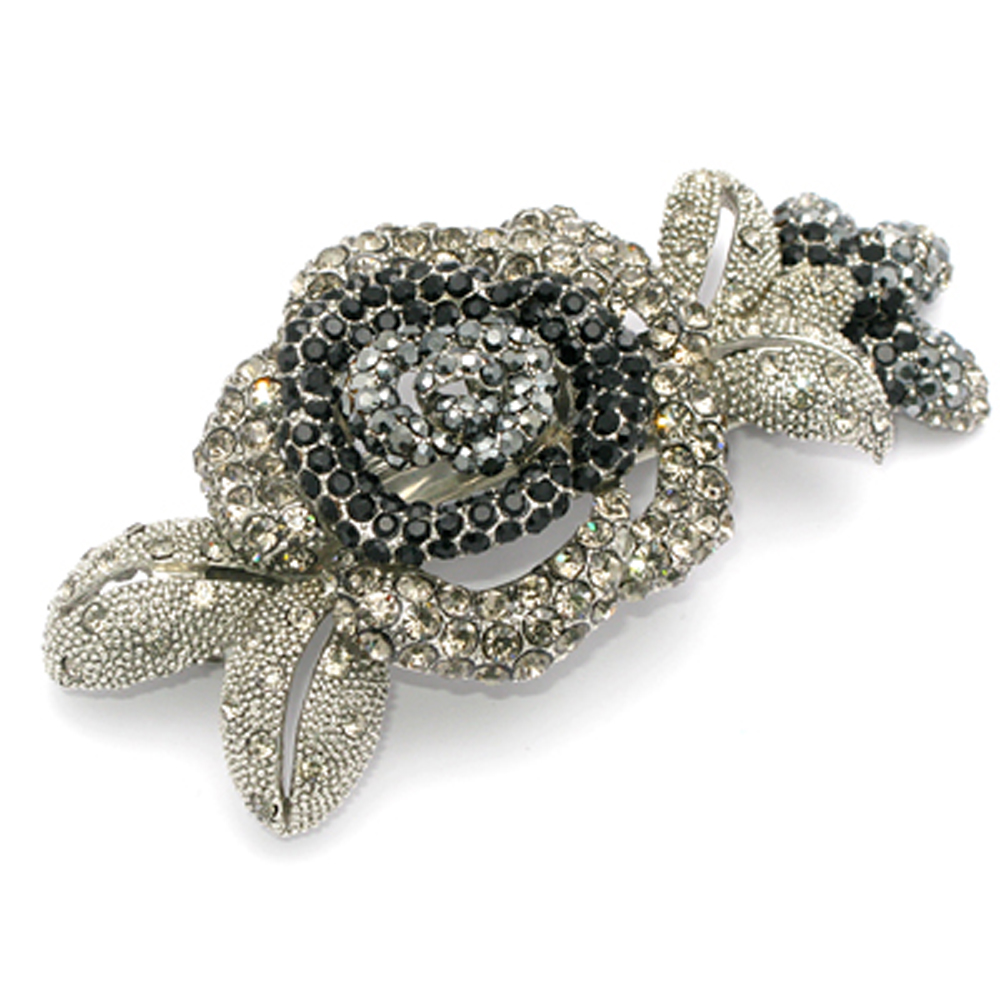 Hair Jewelry Crystal Rose Barrettes, Black / Free Gift Box