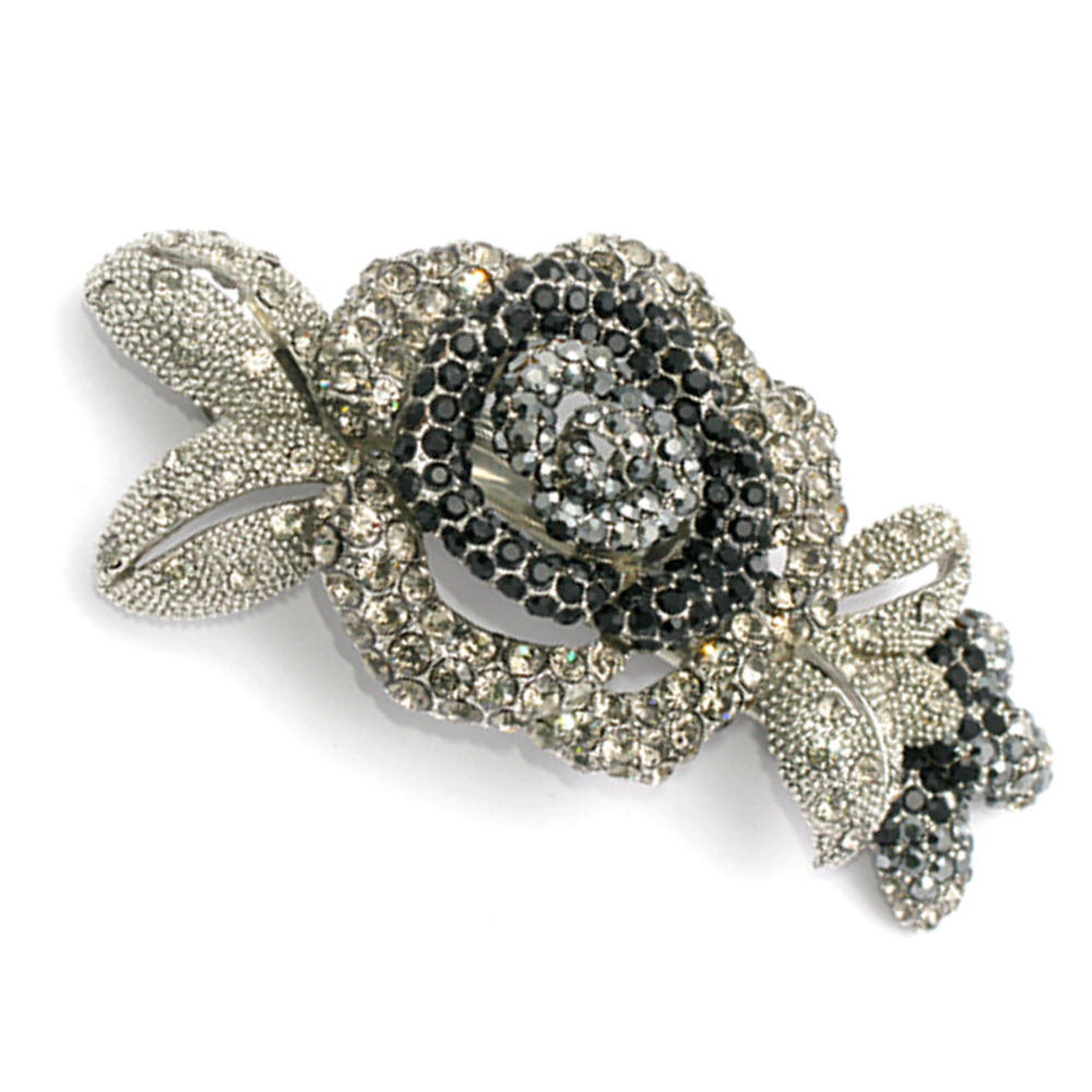 Hair Jewelry Crystal Rose Barrettes, Black / Free Gift Box