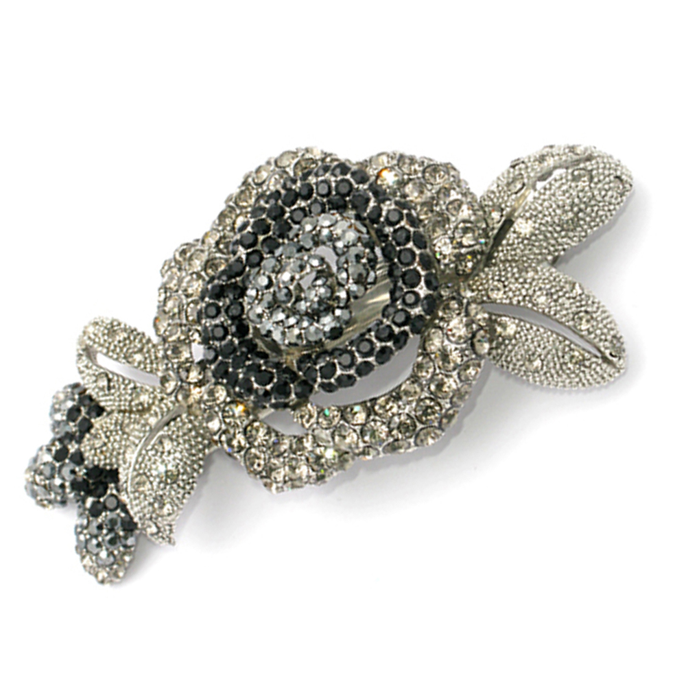 Hair Jewelry Crystal Rose Barrettes, Black / Free Gift Box