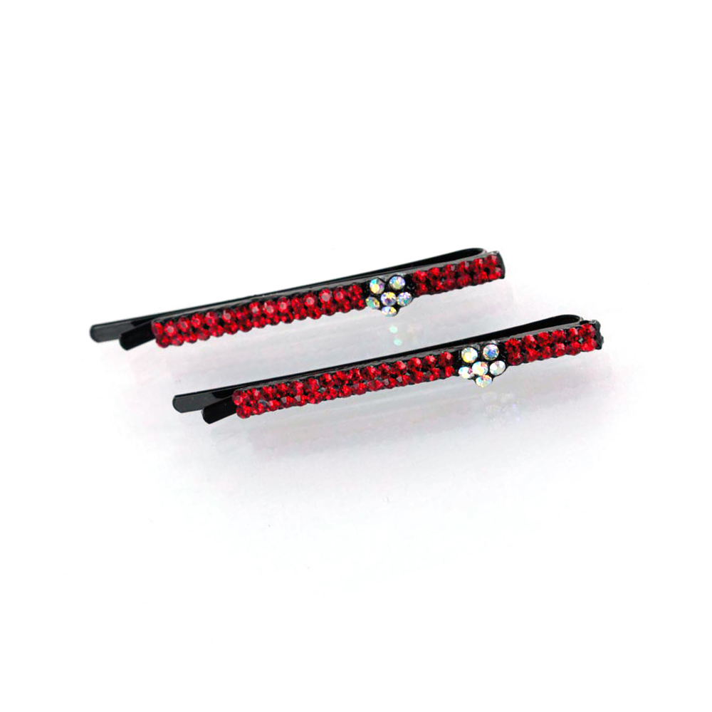 Hand Made Hair Jewelry Small swarovski crystal Flower Bobby Pins Set of Two, Red