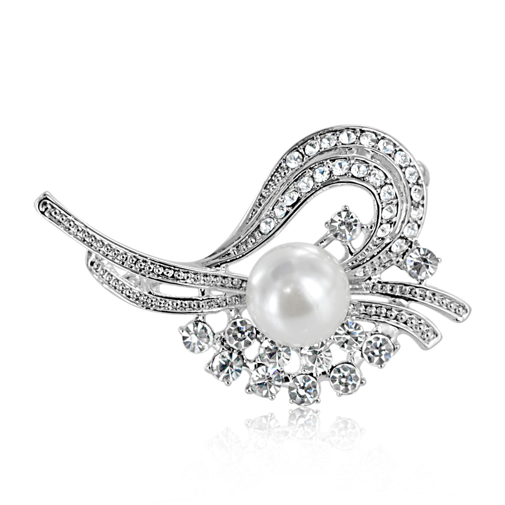 Austrian Crystal Simulated white Pearl Flower Brooch Pin / Free Gift Box