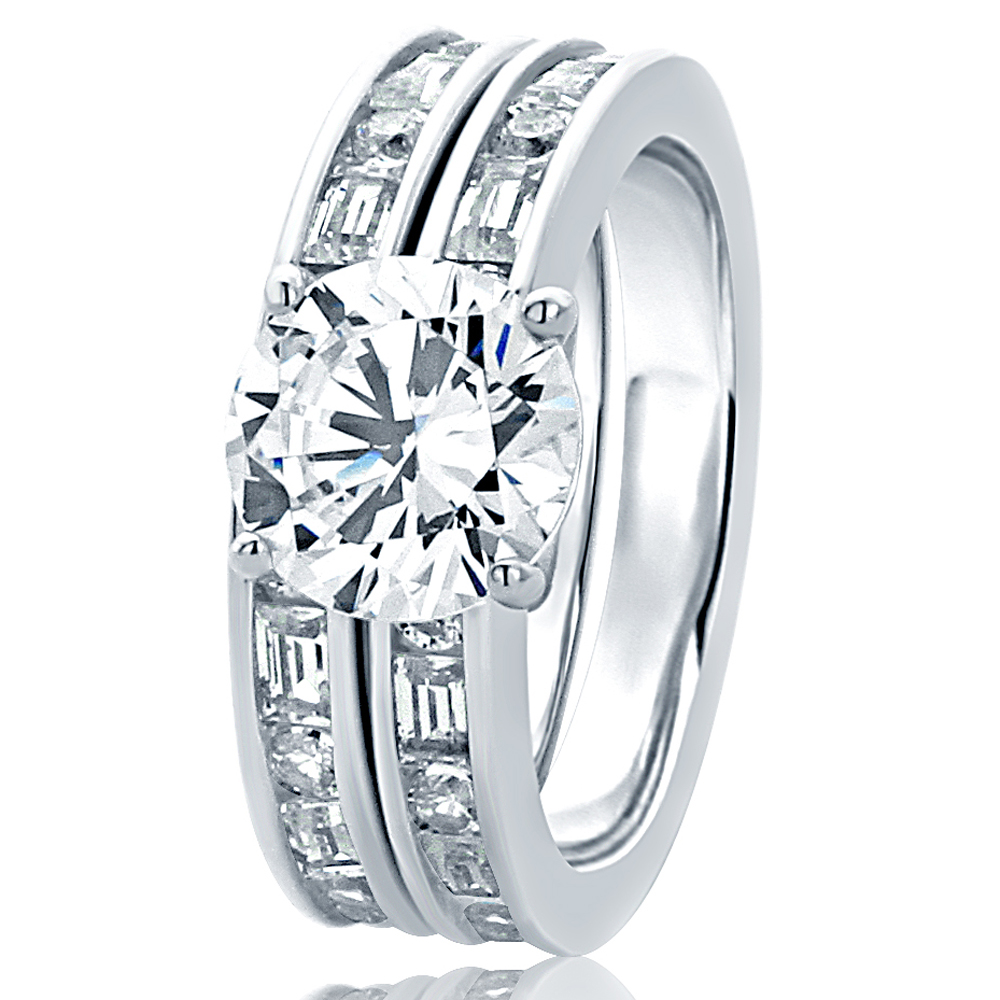 8MM Sterling Silver 2ct CZ Channel Set Wedding Band Engagement Ring Bridal Set